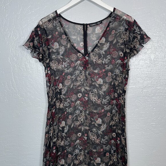 Gypsy 05 Women M Black Cream Red Floral Midi Dress Sheer Flutter Sleeve Hanky - Picture 3 of 10